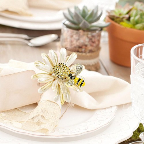 Kesote Daisy Sunflower Napkin Rings Set of 6, Gold Bee Ring Cream - Picture 2 of 6