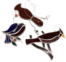 Vtg Stained Glass Birds Sun Catcher Set of 3 Ruby Red Blue Silver Decorative