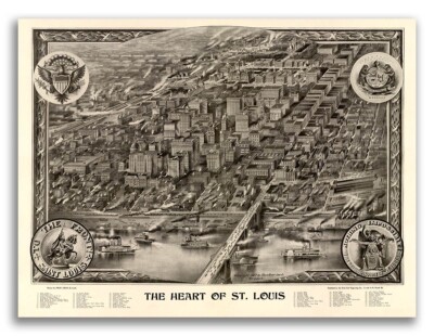 Bird's Eye View 1907 St. Louis Missouri Vintage Style City Map - 20x28