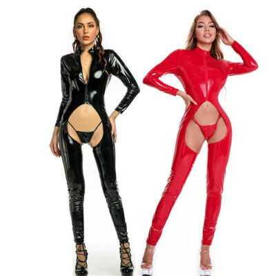 Latex PVC Leather Sexy Crotchless Catsuit Wetlook Bodycon Shiny Jumpsuit Romper