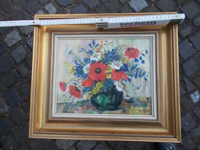 Ölgemälde Stilleben Blumenvase Blumenstrauß F. K. signiert Signatur 1994