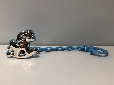 Pacifier Clip In Plastic And Silver Blue Horse