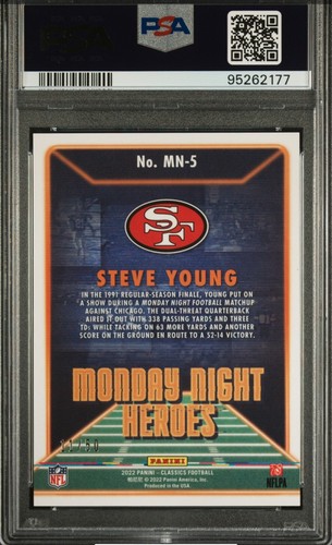 2022 Panini Classics — MNF Heroes RED (#/50) — Steve Young — MINT PSA 9 — READ - Bild 2 von 3