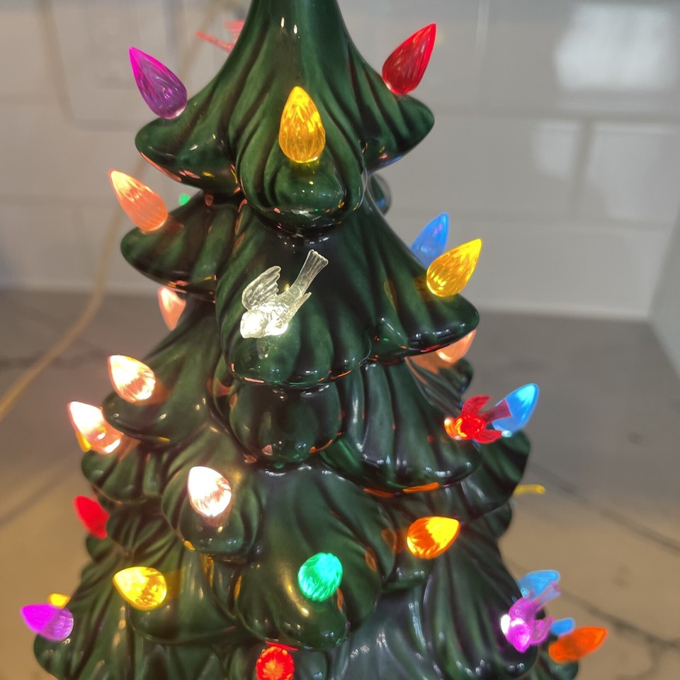 1970s Vintage Green 12" Ceramic Christmas Tree Holland Mold Lights/Base