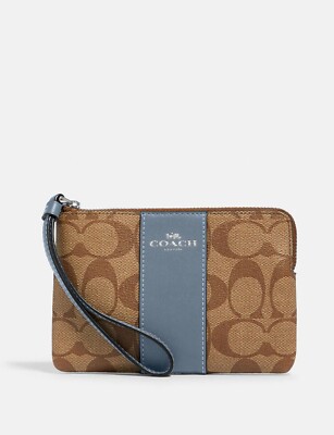 【隊長】ウォレット New Coach 58035 Corner zip wristlet Signature Coated Canvas Khaki