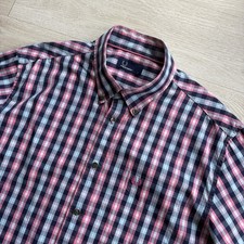FRED PERRY Short Sleeve Check Shirt White Pink Blue Mens Size Large (L) Mod 60s