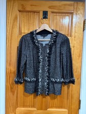 Ming Wang Textured Knit Tweed Jacket Black Gray Fringe Trim Open Front S Classic