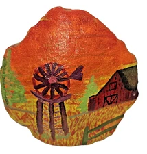 painting Rock Stone Hand Painted Rustic Farm Scene Barn Windmill Farm Western