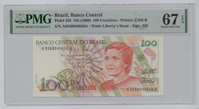 Brazil, ND(1990), 100 Cruzados – PMG 67 (P-228) See instructions