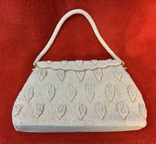 Vintage Beaded Purse w Beaded Handle Goldtone Trim Beaded Clasp - Hong Kong