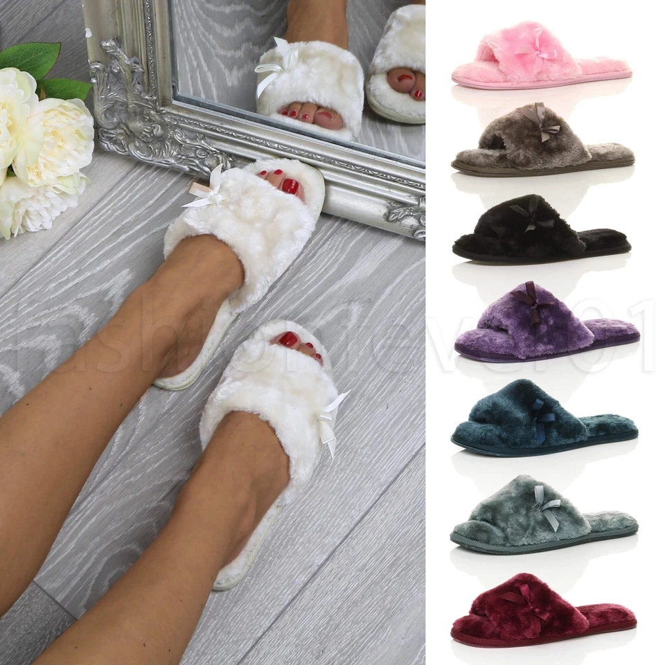 AJVANI WOMENS LADIES FLUFFY FUR LINED LOUNGE INDOOR SLIDES FLIP FLOPS PEEP TOE SLIPPERS