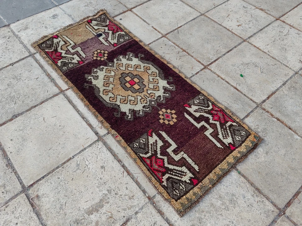 Vintage Turkish Rug 3.6x1.5 ft Hand-Knotted Wool Anatolian Tribal Carpet - Image 2 of 4