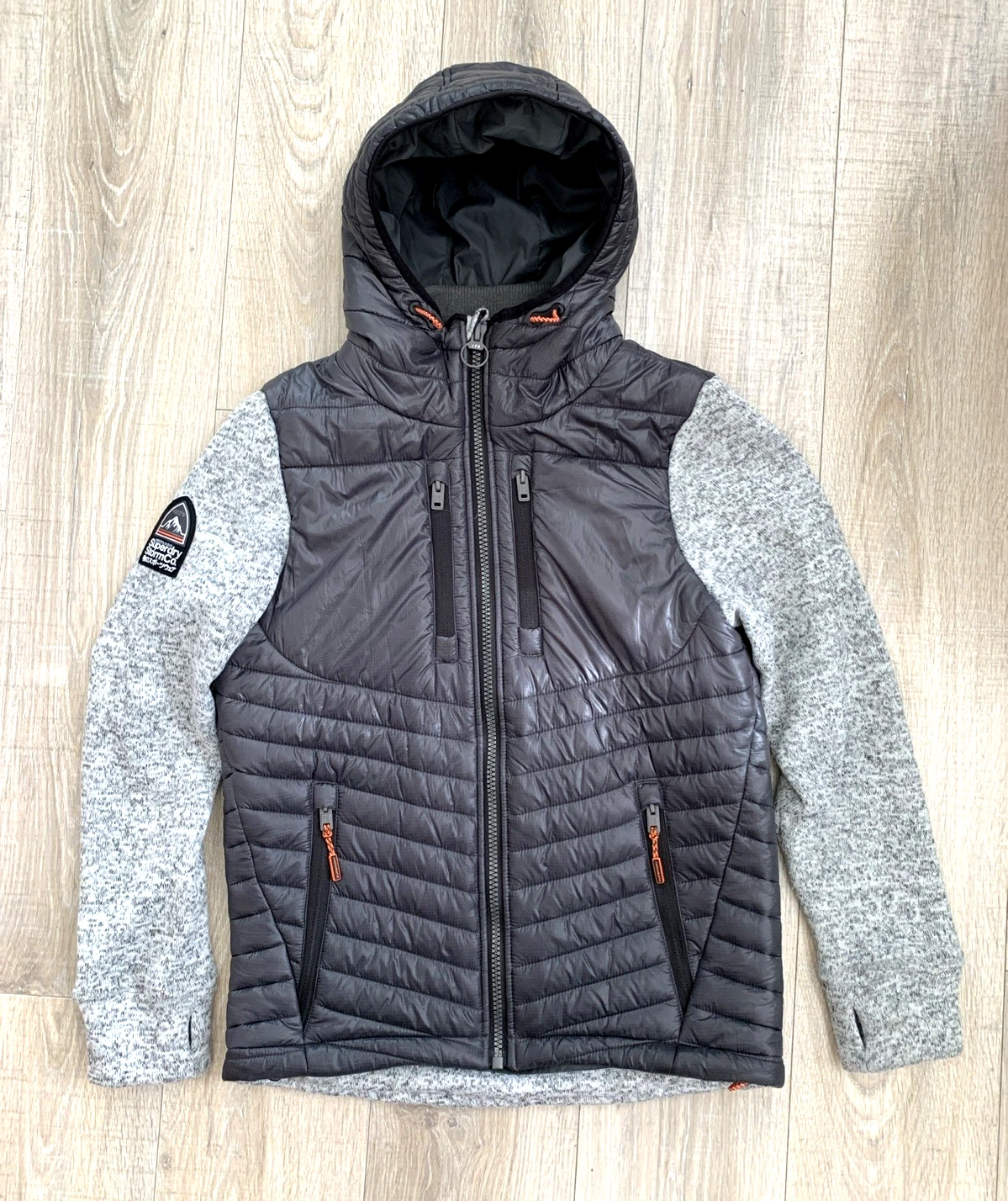 Superdry Storm Hybrid Hooded Jacket Gray Quilted Puffer Zip Pockets Mens M