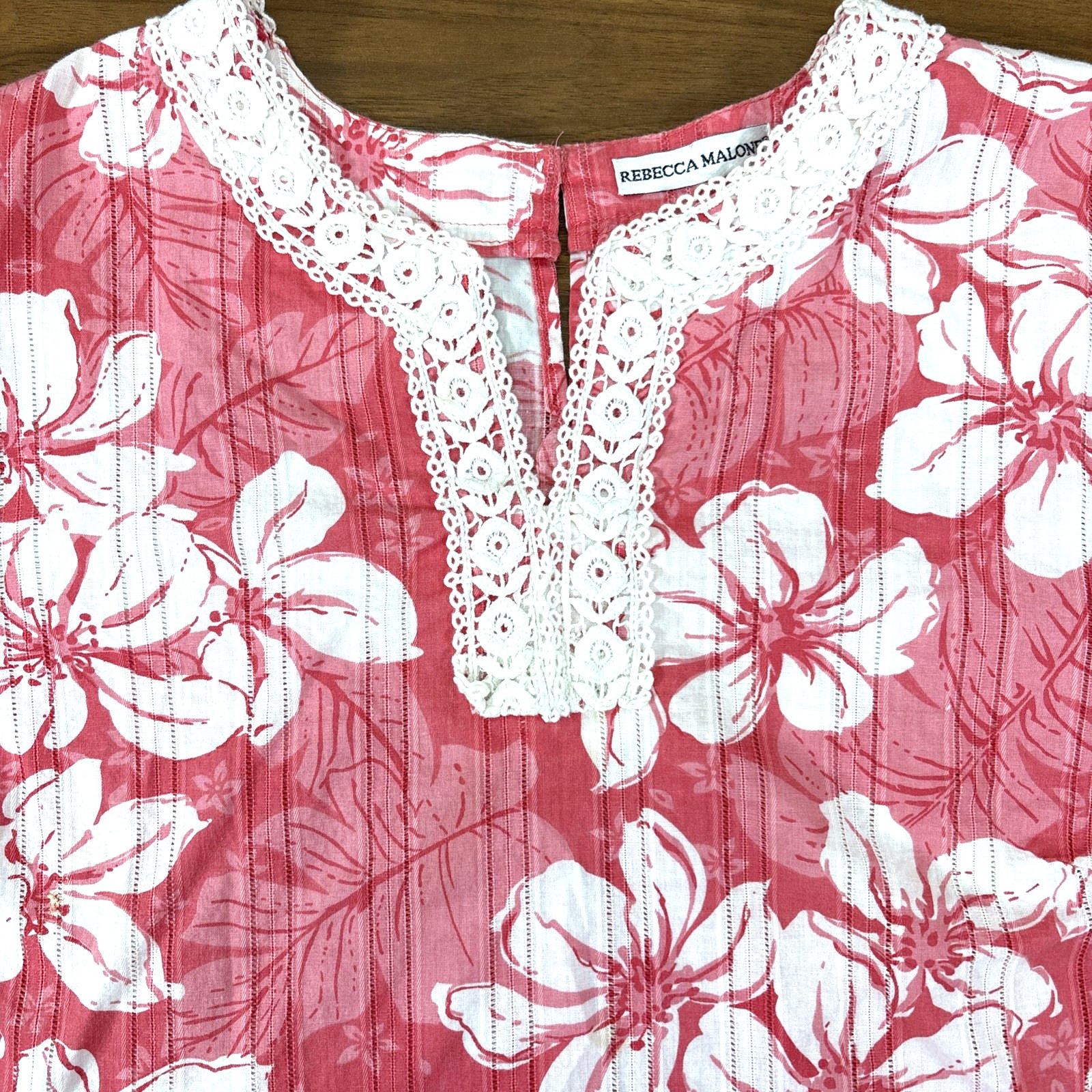 Rebecca Malone Red & White Crochet Trim Floral Relaxed 3/4 Slv Shirt Size XL