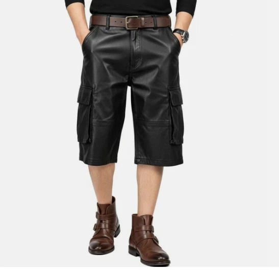 Mens Black Real Leather Cargo Shorts Outwear Six Pockets Baggy Cargo Shorts - Image 2 of 4
