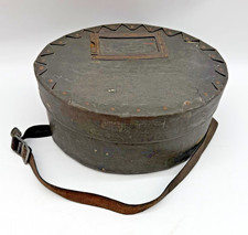 Antique Vintage Felt Lined Oval Riveted Hat Box Drum Case Shipping Label Holder