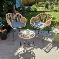 Bistro Set Natural Wicker Frame Black Steel Leg Glass Tabletop Outdoor SECONDS