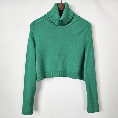 Zara Sweater Women L Green Turtleneck Cropped Pullover Knit Ribbed Trim Boxy