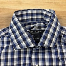 Pronto Uomo Dress Shirt Men 15 32/33 Classic Gingham Cotton Slim Fit Blue Office