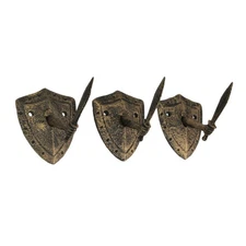 Set of 3 Cast Iron Bronze Sword & Shield Decorative Wall Hooks Key Holder