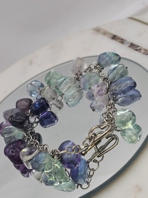 Fluorit Perlen Armband Sterling 925 Knebelverschluss lila grün Hänger Edelstein 