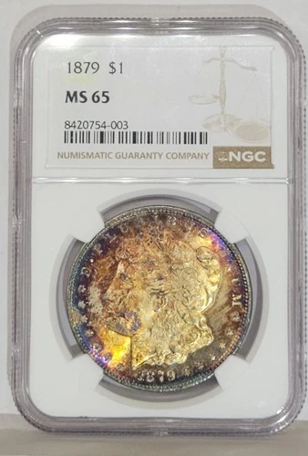 1879 Morgan Silver Dollar NGC MS65 Monster Rainbow Toned Coin Tough Date Toner