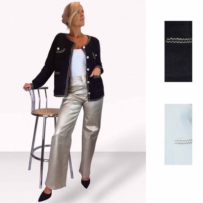 Damen Taillenlange Winter Strick Jacke Blazer Stil mit elegantem Goldbesatz 10-18