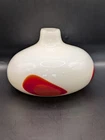 Vtg Murano Style Handblown White Glass Squat Vase Red Elongated Circles Heavy