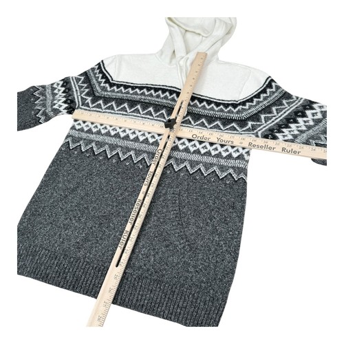 Old Navy Sweater Mens Medium Gray White Fair Isle Knit Hooded Pullover Hoodie - Picture 3 of 12