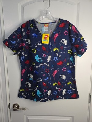 Dr. Seuss V Neck Scrub Top One Fish, Two Fish... Navy Women's Medium NWT