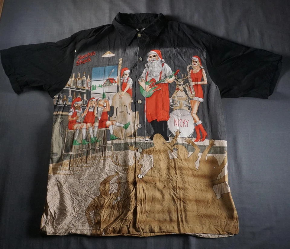 Рубашка мужская Tori Richard размер XL Santa Shock рождественская лента Nicky Hawaii праздник США - Изображение 2 из 4