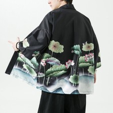 Uomo Giacca Haori Kimono Yukata Motivo Lotus Camicia Cardigan Manica Ampia