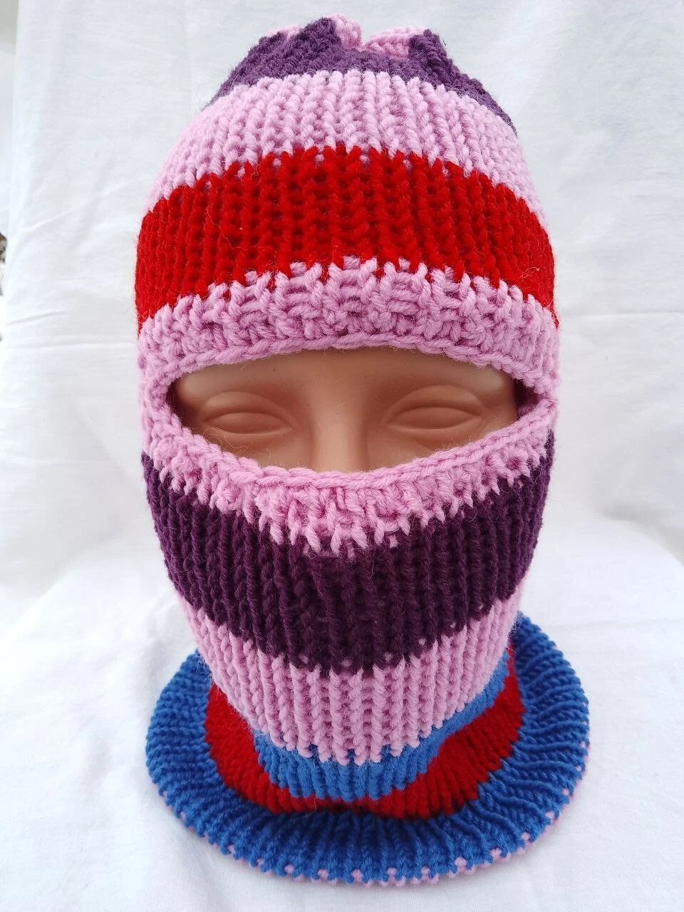 Reversible Balaclava –Hand Knit Wool Blend Ski Mask Beanie Pink Striped Unisex