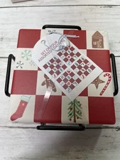 Christmas Checkered Coasters w/Holder - Set of 4 Ceramic Coasters - 4" Square