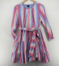 J.CREW Dress M Pastel Striped Button Up Tiered Metallic Tie Belted Pink Silver