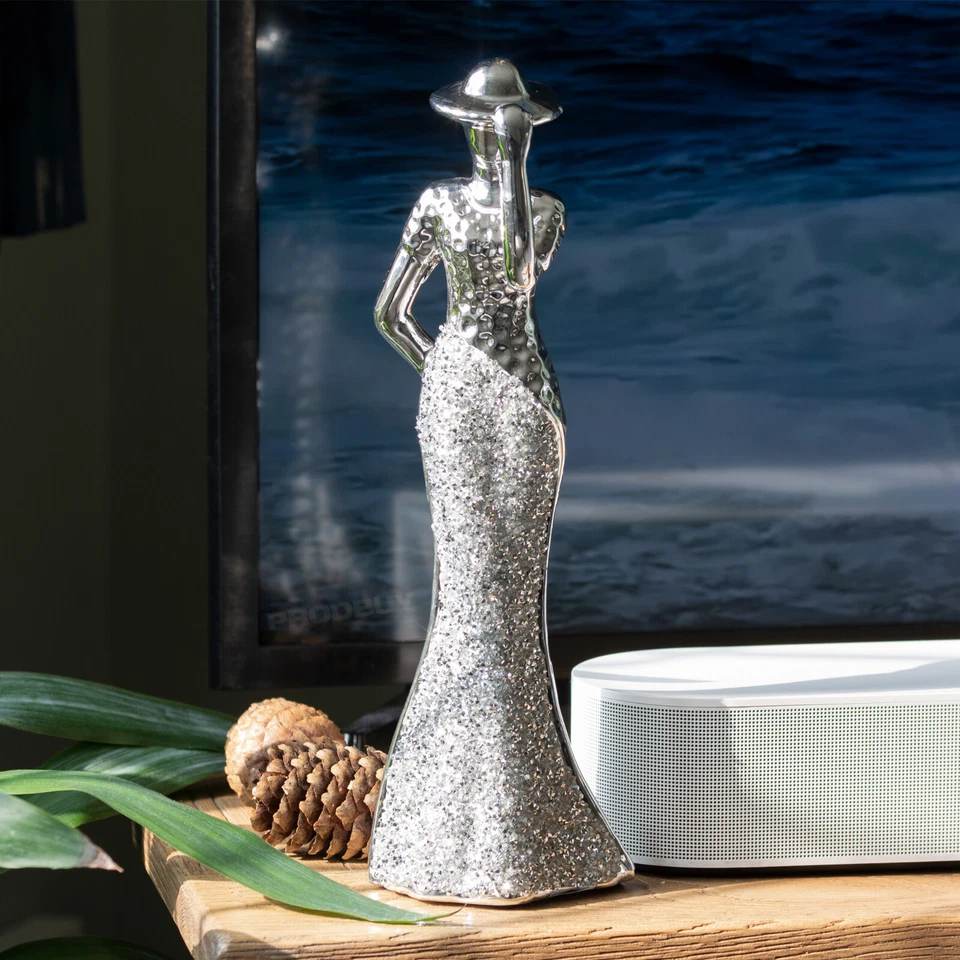 Set of 2 Elegant Lady Figure Tall 30cm Silver Ceramic Decorative Shelf Ornaments - Image 2 of 4