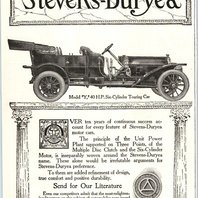 1910 Stevens-Duryea Model Y 40HP Touring Car Print Ad 6 Cyl. Chicopee Falls 1J