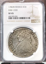 1786 FRANCE SILVER 1 ECU LOUIS XVI NGC XF 45 RARE BEAUTIFUL COIN