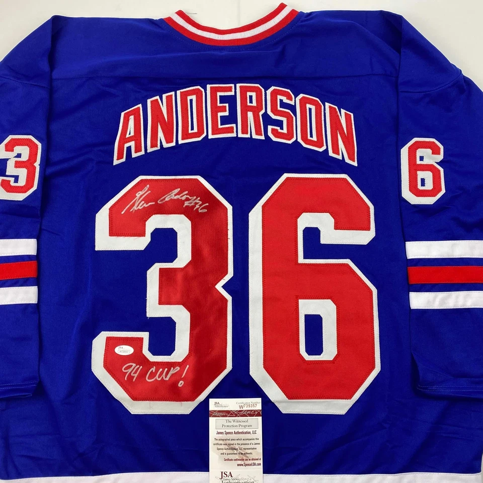 Camiseta deportiva azul autografiada/firmada de Glenn Anderson 94 SC Champs certificado de autenticidad JSA Foto 2 de 4