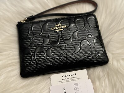 COACH CV418 Corner Zip In Signature Leather In Gold/ Black NWT