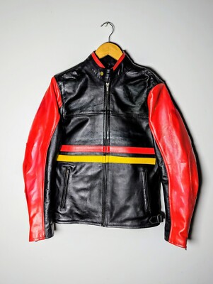 Striking Red & Black Leather Motorcycle Jacket, Retro Cafe Racer Style 90s