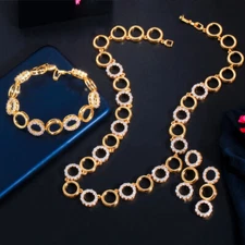 Noble Dubai Gold Color CZ 3Pcs Circle Drop Jewelry Set for Fiancee Engagement