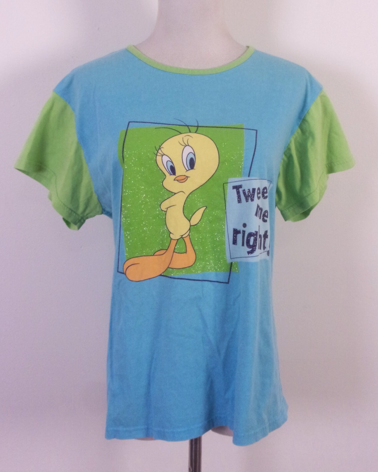 vintage 90s 00s Y2K Looney Tunes Tweety 2 Tone T-Shirt Glitter Women's L 12/14