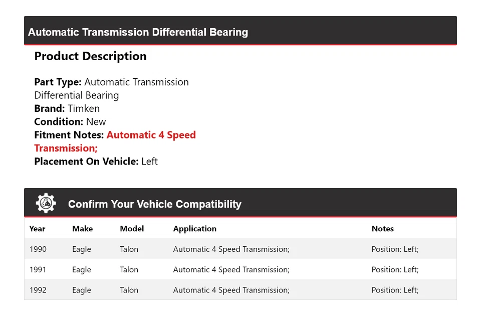 Cojinete diferencial izquierdo Eagle Talon 1990-1992 transmisión automática Timken 1991 Foto 2 de 4