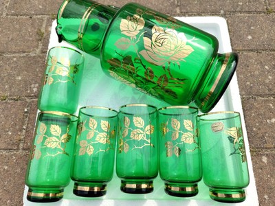 Vintage Czech Bohemian Art Gläser Karaffe Glass Vase grün gold vergoldet Becher 