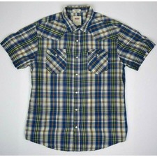Vintage Levis Western Pearl Snap Shirt Size M 80s 90s Blue Plaid SS Grunge
