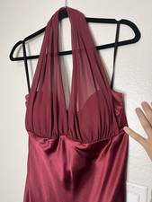 Vintage Y2K Betsy & Adam Deep Red Satin Evening Gown with Halter Neck - Size M