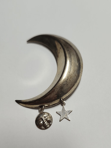 Sterling Silver Crescent Moon and Stars Pin Brooch 925