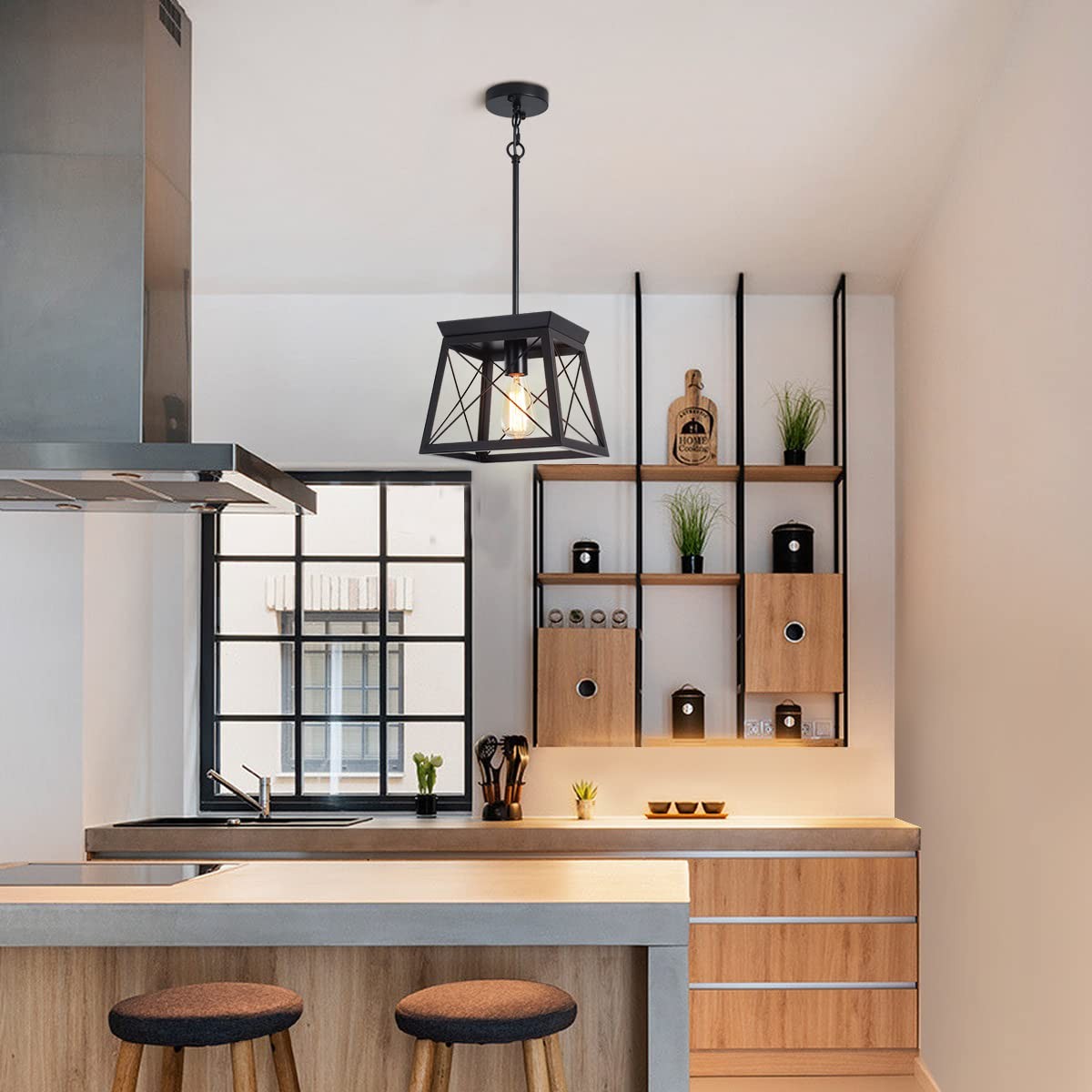 Lustre suspension lanterne rustique en métal noir pour ferme et cuisine rétro - 3