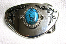 Chrome Silver with Turquois Stone - Ladies Belt Buckle - 3x2 inch with Design
